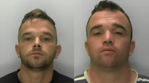 Johnny Connors (left) and Michael Connors (right) looking at the camera in police mugshots. Both men have short cropped hair and stubble