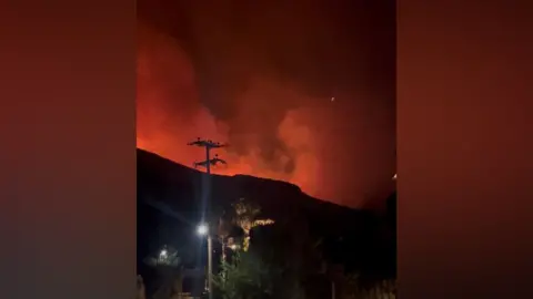 Marie Clayton A wildfire on a hillside, as seen from a road. The orange flames and smoke are silhouetted against the night sky. There are also street lights, set against a dark landscape.