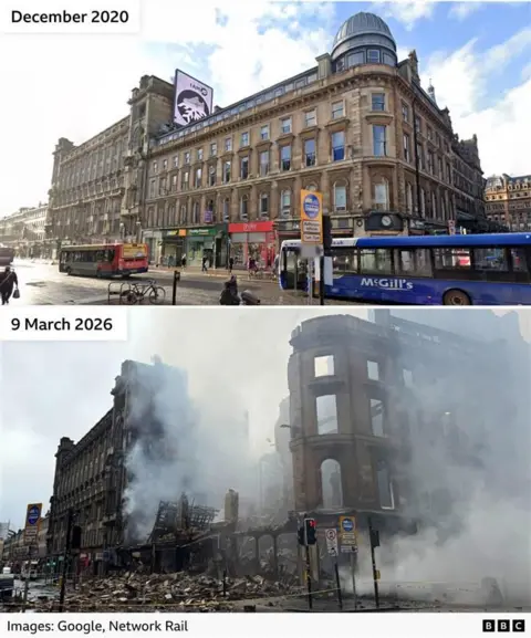 Before and after images of the building at the corner of Union Street. The top image shows the tenement on a sunny day. The bottom picture shows most of the building destroyed, with smoke and rubble.
