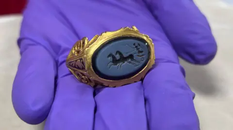 Golden ring with a light blue background. There's a blue inscription of two horses coloured in black. The ring is placed on a hand with a purple glove on.