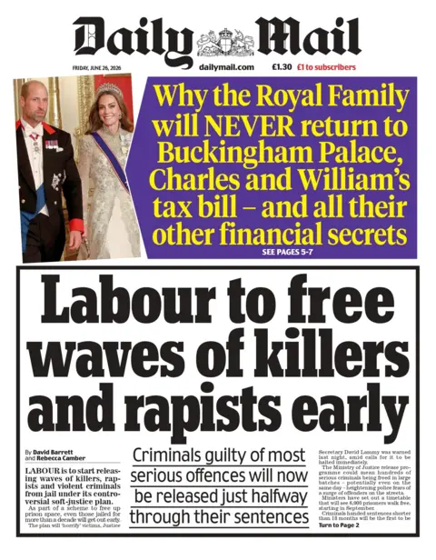 "Labour to free waves of killers and rapists early," reads the headline on the front page of the Daily Mail.