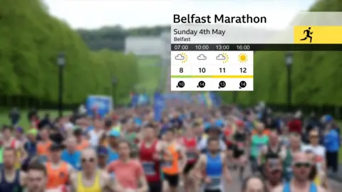 A weather graphic showing the predicted temperatures for the marathon day. A high of 8C at 7am, 10 at 10am, 11 at 1pm and 12 at 16:00.