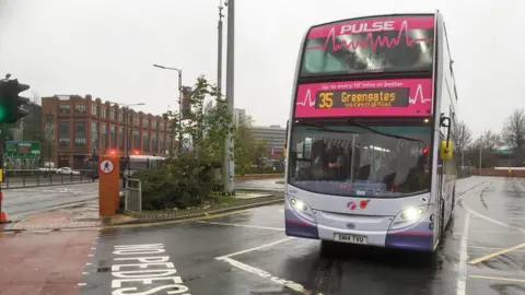 A First bus leaves Leeds Bus Station