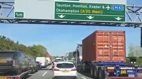 Queues of traffic on the M5 near Exeter following a crash.