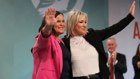 Sinn Fein Sinn Fein leader Mary Lou McDonald with vice-president Michelle O'Neill at the Sinn Fein Ard Fheis