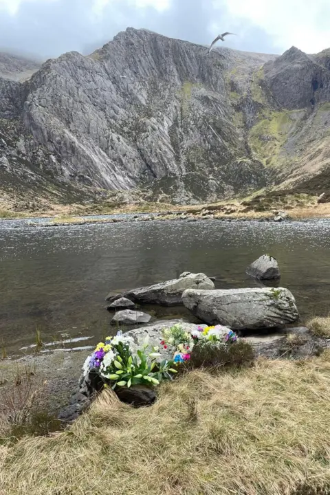 Matty Belcher | Brandan Smith Bunches of white, pink and blue flowers lay next to a clear lake among grey mountains