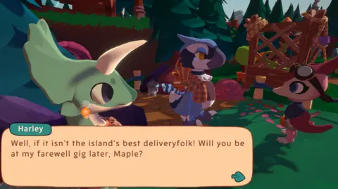 Ambertail Games A screenshot from the real game. There are three characters who exchange ideas. Each character is based on a dinosaur or prehistoric creature. There is a text box that says: "Well, if it wasn't the best delivery man on the island! Will you be there for my farewell later, Maple?" 