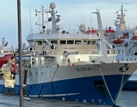 A blue and white ship berthed in a harbour