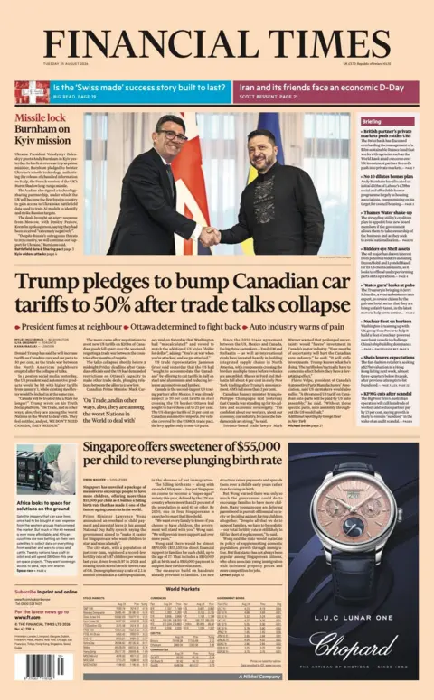 The headline on the front page of the Financial Times reads: “Trump pledges to bump Canadian car tariffs to 50% after trade talks collapse".