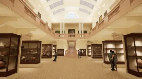 Royal Cornwall Museum A CGI image of the new Heart of Cornwall Gallery. The impression work shows a large gallery in neutral colours. There are four display cupboards on both the left and right side of the room. A balcony, painted light pink, looks down over the gallery. There are sky lights in the ceiling.