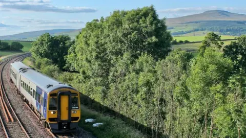 Oliver Rouse/Friends of Bentham Station A train heads past Ingleborough mountain in the Yorkshire Dales on a sunny day; trees and green fields can be seen in the background.