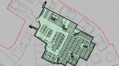 Architectural drawings from Ballymore/Barnet Council showing the layout of the basement bus garage consisting of approximately 190 rectangular blocks depicting buses in a shaded green area.