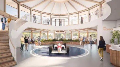 Buckmore Park An artist's impression of the proposed new interior of Buckmore Park, showing a F1 car in the centre of reception, with people walking around it on a circular balcony