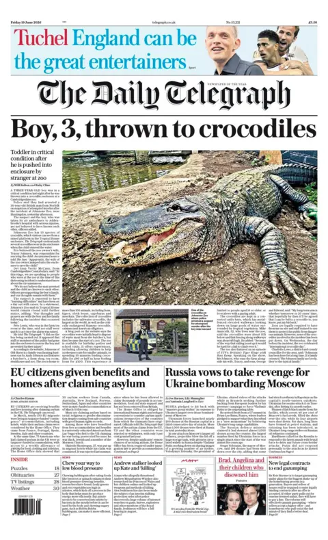 The headline on the front page of the Daily Telegraph reads: “Boy, 3, thrown to crocodiles”. 
