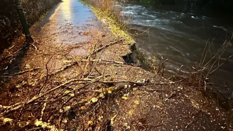 Handout Branches on the pathway on the left with the river to the right. There is a chunk of pathway missing from the damage. 