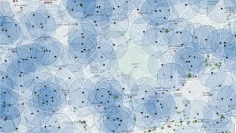 Dan Cookson map using Carto Map of Central London including schools with 400m circles around them