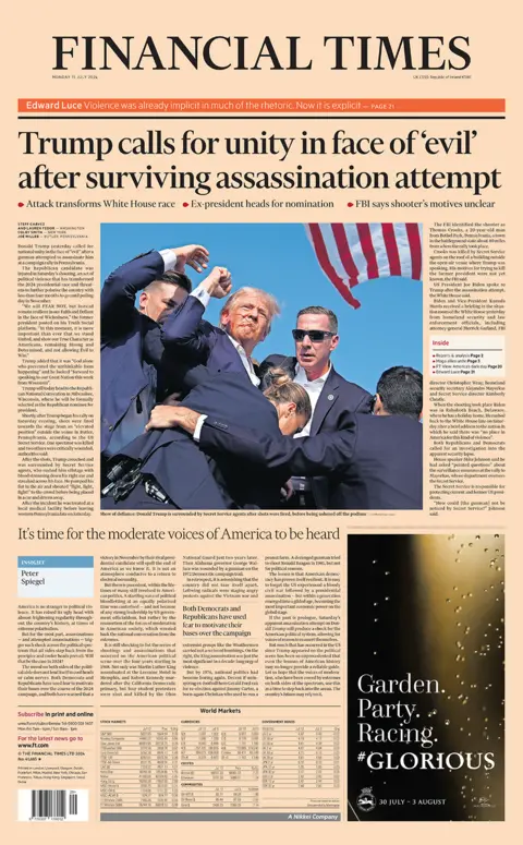 The headline in the Financial Times reads: "Trump calls for unity in face of 'evil' after surviving assassination attempt".