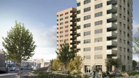 Two tower blocks seen from the outside in an artist's impression of what they will look like. One is in a pale brick and the further away is a red brick, both have windows and balconies up the sides and at ground floor level there are trees and shrubs.