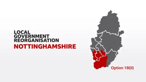 A generated map showing the boundaries of Nottinghamshire with Option 1B(II) written next to it. Part of the south of Nottinghamshire is shaded in red