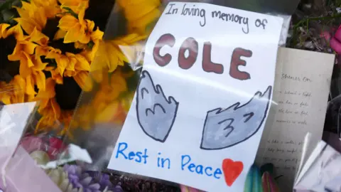 PA Media A sign reading 'In Loving Memory of Cole - Rest in Peace' among floral tributes