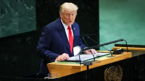 EPA President Trump stands at the podium in the UN assembly hall in New York. The hall has a green carpet and green marble fittings. The president is wearing a blue suit and a red tie.