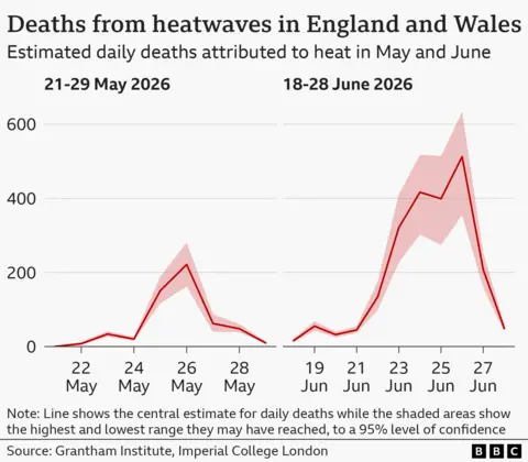 A line chart showing the deaths from the two heatwaves in May and June