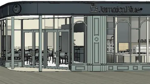 Jamaica Blue An artist's impression of what the Jamaica Blue cafe could look like from the outside. It shows the brand's name above the windows. Inside tables and chairs can be seen as well as a counter.