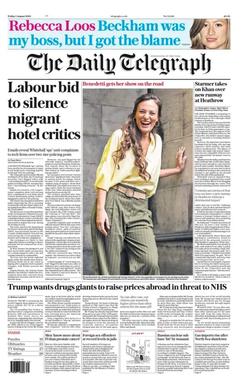 The headline on the front page of the Daily Telegraph reads: "Labour bid to silence migrant hotel critics".