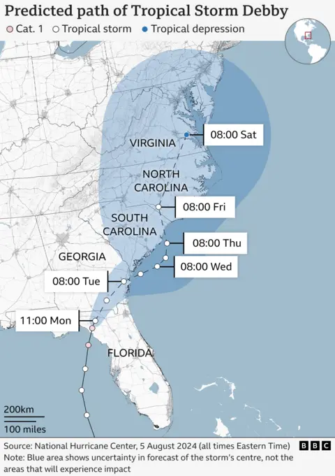 Map showing path of tropical storm