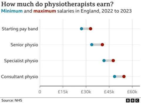 Chart showing salary rates for physios