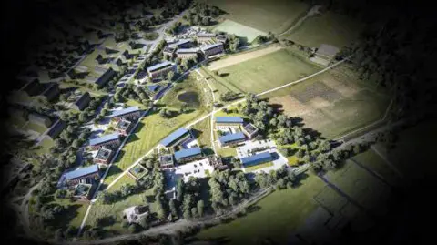 Royal Agricultural University An aerial computer generated image of a university campus set in fields in rural Gloucestershire. There are paths cutting across the fields to different buildings and a lot of trees are dotted around the site.
