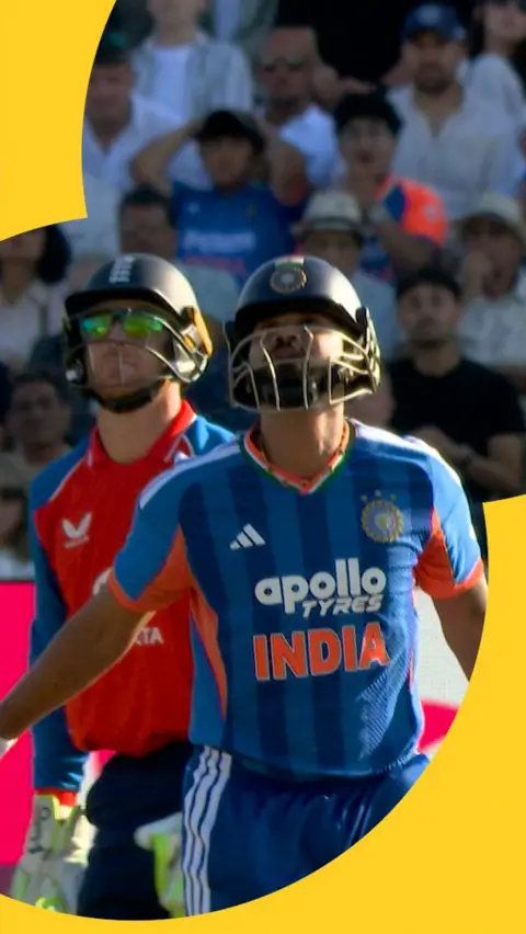 Shreyas Iyer looks to the sky after batting for India against England in the men's international T20