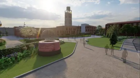 An artist's impression of the Rosegarth Square development in Boston. The iconic Boston Stump is at the centre of the image which features sculptures, paving and green spaces.