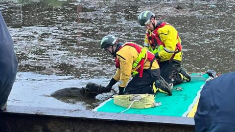 Firefighters on inflatable platform in slurry pit