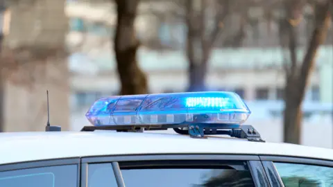 A close-up view of a police vehicle with blue lights patrolling near a public park with the windows and doors closed.