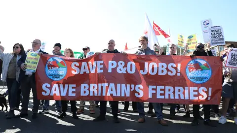 Getty Images Protests take place after P&O Ferries sacked it's entire UK Crew on March 18, 2022 in Dover