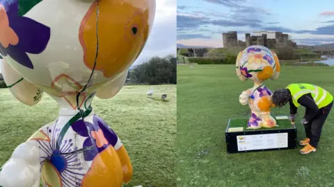 Dogs Trust Snoopy sculpture before and after it was cracked