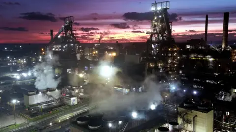 The blast furnaces at night at Tata's Port Talbot steelworks.