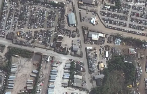 Satellite image ©2025 Vantor An aerial view of an industrial area in Louisville, Kentucky, before the cargo plane crash.