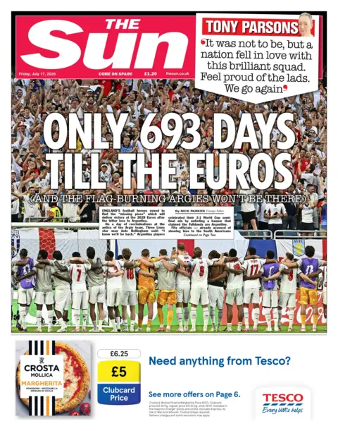 "Only 693 days till the Euros," reads the headline on the front page of the Sun. 