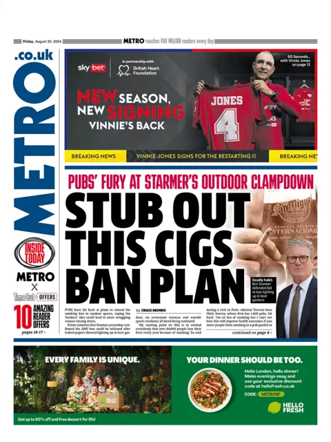 The main headline on the front page of Metro reads: "Stub out this cigs ban plan"