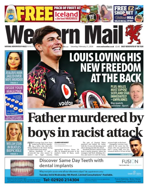 Western Mail Front page of the Western Mail featuring a large photo of rugby player Louis Rees Zammit next to the headline “Louis loving his new freedom at the back”. Main story below reads “Father murdered by boys in racist attack".