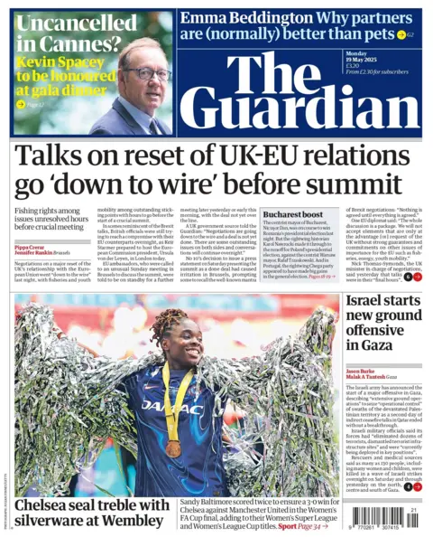 The front page of the Guardian has the headline "Talks on reset of UK-EU relations go 'down to wire' before summit." 