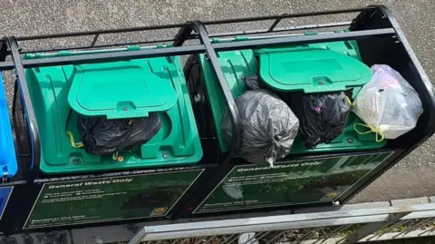 David McGowran Two general waste bins are overflowing with bin bags, the angle is from a resident taking a picture from a window above. 