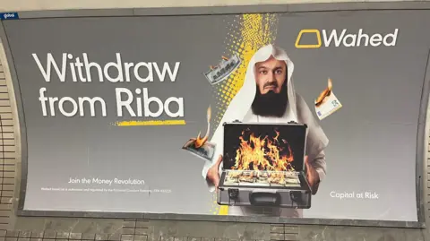 PA Media A poster advert for an Islamic investment platform showing US dollar and Euro banknotes on fire