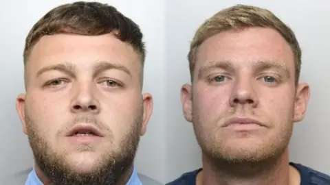 Two mugshots side by side. The man on the left (Heeley) has a beard and short hair. He has flat eyes and has his mouth open. Lowe, on the right, has short stubble, blond hair and blue eyes. 