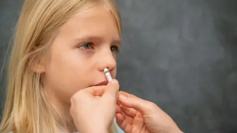 Getty Images A child with long blonde hair has a vaccination via a nasal spray. The health worker's hands are visible in the close-up picture. The writing on the vaccination tube is blurred.