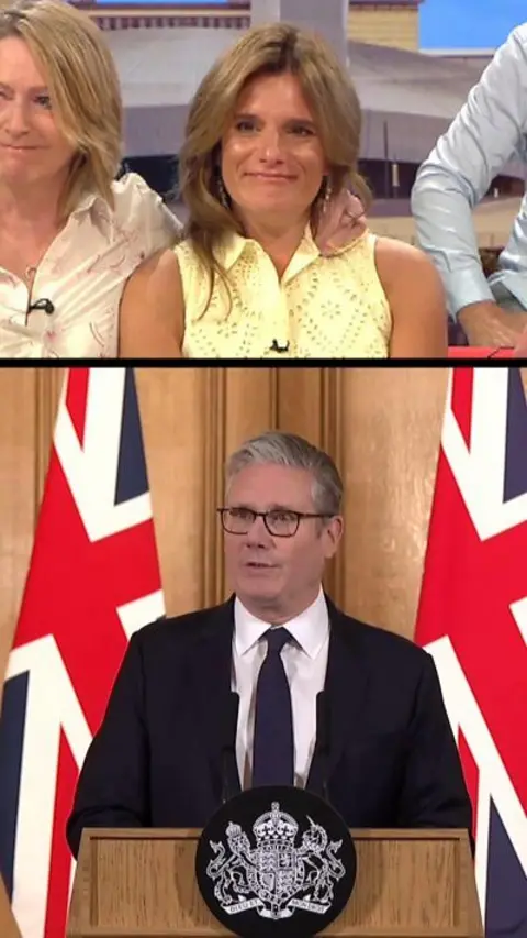 Ellen Roome in a yellow dress smiling in a split image above a shot of Kier Starmer standing in front of two Union jack flags.