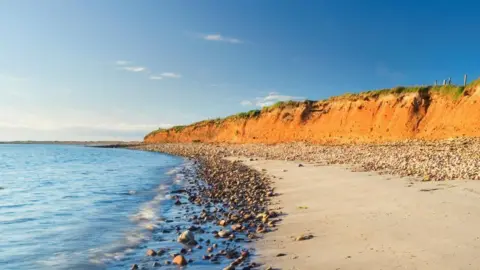 A Stronsay beach, in the Orkney islands, with pebbles being met by the tide coming in, under a blue sky.