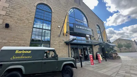 The outside of a large brick department store. A black sign on the front has large white letters spelling Sandersons